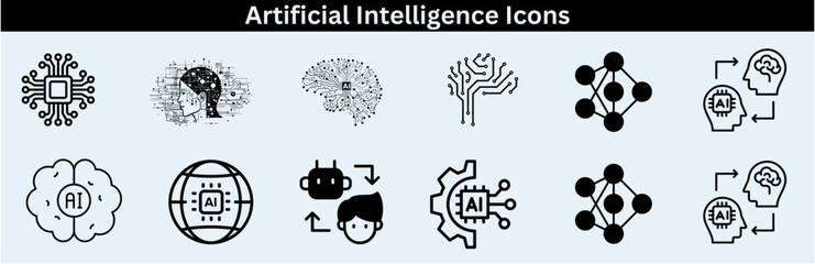 Set of artificial intelligence line icons. Technology, AI, digital, brain, chip etc. Artificial Intelligence Line Editable Icons set—vector illustration in the modern thin-line style of AI technology.