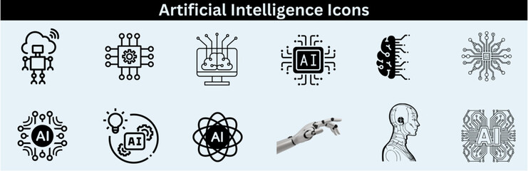 Set of artificial intelligence line icons. Technology, AI, digital, brain, chip etc. Artificial Intelligence Line Editable Icons set—vector illustration in the modern thin-line style of AI technology.
