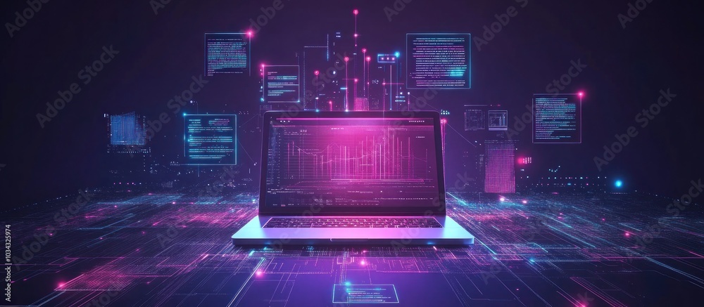 Wall mural a glowing laptop computer surrounded by digital code and abstract glowing lines against a dark blue 