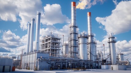 A large industrial facility with tall smokestacks and a blue sky, showcasing energy production and manufacturing processes.