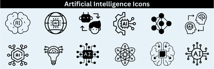 Set of artificial intelligence line icons. Technology, AI, digital, brain, chip etc. Artificial Intelligence Line Editable Icons set—vector illustration in the modern thin-line style of AI technology.