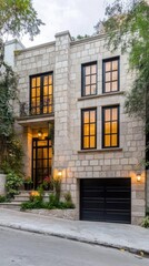 Naklejka premium A stylish modern house with expansive glass windows and a lush garden sits quietly in an urban area, blending natural beauty with contemporary architecture