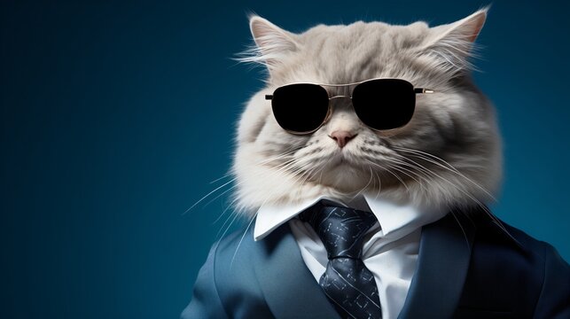 Coole Katze mit dunkler Sonnenbrille und Anzug vor blauem Hintergrund