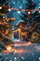 Obraz premium Holiday village, houses decorated for Christmas or New Year's Eve, city street in winter, snow, gifts on the porch and street lights, fairy tale setting 