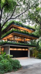 A stylish modern house with expansive glass windows and a lush garden sits quietly in an urban area, blending natural beauty with contemporary architecture