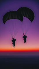 Parachutists Descending at Sunset