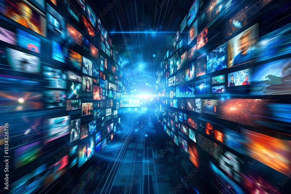 Poster multiple screens displaying a spectrum of multimedia content create an immersive atmosphere, illustr