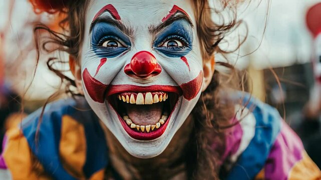 A woman wearing clown makeup smiles with a sinister look at the camera