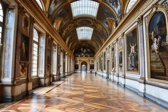 Visitors admire the stunning architectural details and masterful paintings in the grand gallery of a historic palace, featuring exquisite wooden floors and high ceilings.