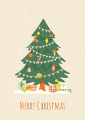 Christmas New Year greeting cards with fir tree. Winter holiday design for greeting card, invitation, cover, calendar, social media posts, menu.	