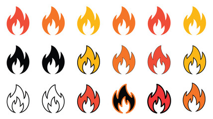 A set of colorful flame icons featuring various styles and shades, showcasing a range from black to vibrant reds, yellows, and oranges on a white background.