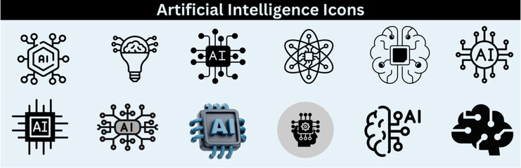 Set of artificial intelligence line icons. Technology, AI, digital, brain, chip etc. Artificial Intelligence Line Editable Icons set—vector illustration in the modern thin-line style of AI technology.