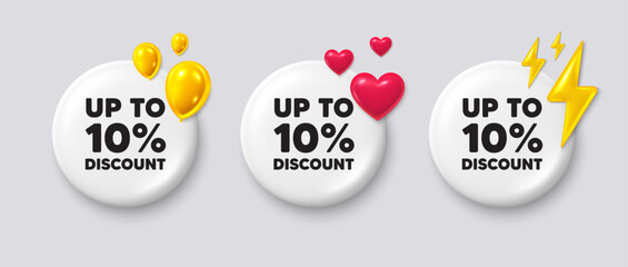 Up to 10 percent discount tag. White buttons with 3d icons. Sale offer price sign. Special offer symbol. Save 10 percentages. Discount tag button message. Vector