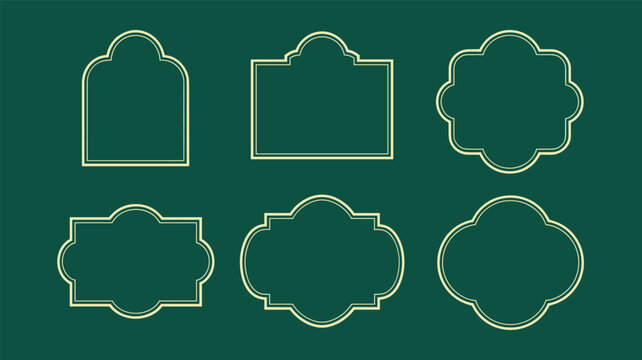 A collection of six ornate vintage-style label frames in gold outline on a deep green background, showcasing diverse shapes and elegant designs.
