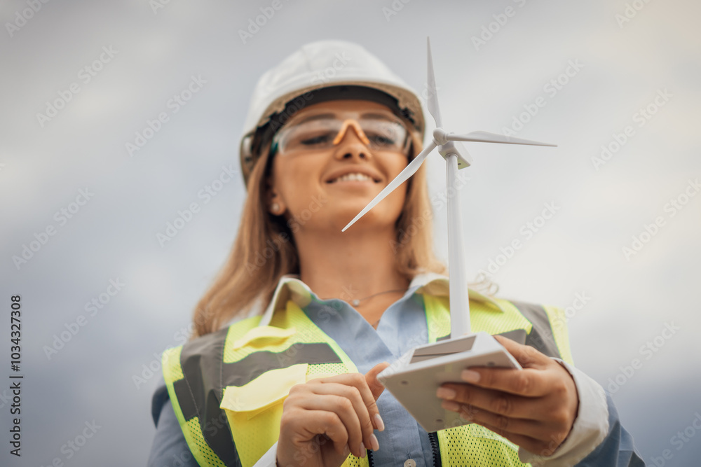 Poster a proud engineer holding a wind turbine model a strong symbol of the ongoing innovation in renewable