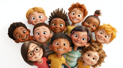 Diverse group of happy smiling children, 3d cartoon style
