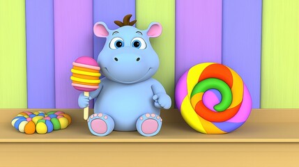 Naklejka premium A cute cartoon hippo holding a colorful lollipop, surrounded by vibrant sweets, perfect for children's themes and playful designs.