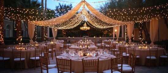 Elegant outdoor dining setup with string lights and sheer fabric canopy.