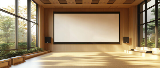 Modern minimalist auditorium with large projection screen surrounded by natural light and elegant wooden accents ideal for events and presentations