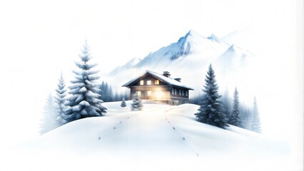 Winter landscape with a cozy cabin in snowy mountains, serene atmosphere, peaceful setting