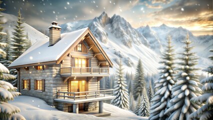Fototapeta premium Charming wooden cabin in a snowy mountain landscape, warm glow from windows, winter wonderland