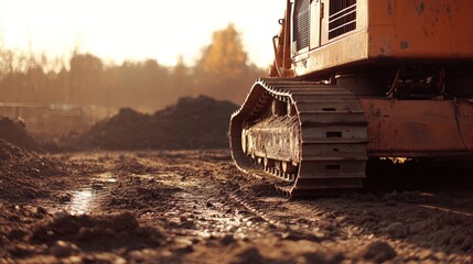 A solitary bulldozer stands idle at twilight amidst piles of earth and construction materials