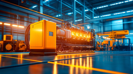 Close-up of an industrial generator in a factory setting.