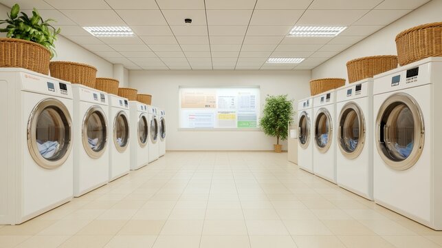Sleek laundromat rows of washing machines woven baskets on top clean beige floor bright organized welcoming atmosphere, photorealistic