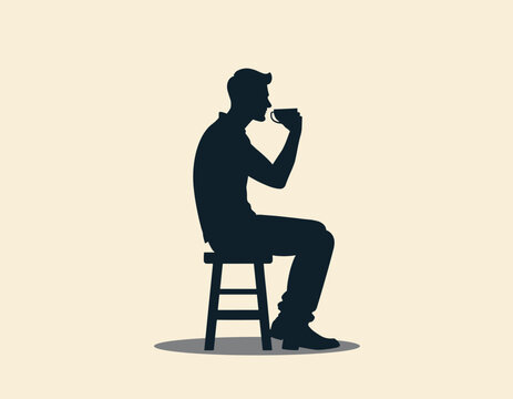 Silhouette of a man enjoying a cup of coffee while seated on a stool against a beige background.