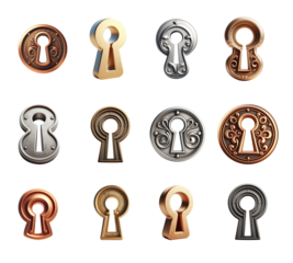 Keyhole set. Isolated transparent background PNG. Various material, gold, silver, metal, copper.