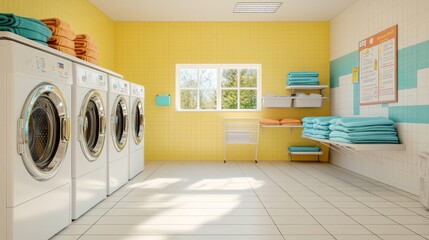 Self-service laundromat scene with washing machines in different sizes arranged along a wall baskets with folded clothes nearby light entering through large windows airy inviting feel, photorealistic