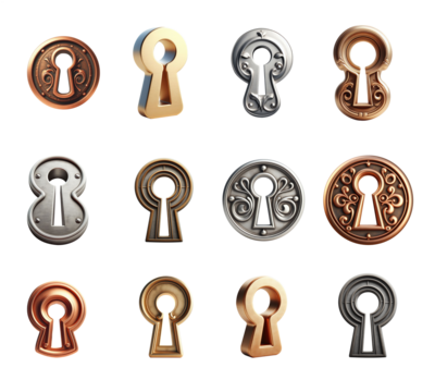 Keyhole set. Isolated transparent background PNG. Various material, gold, silver, metal, copper.