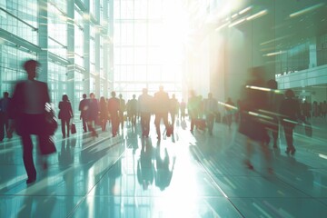 A crowd of professionals moves swiftly through a modern office building, illuminated by bright sunlight streaming through large windows during a bustling morning.