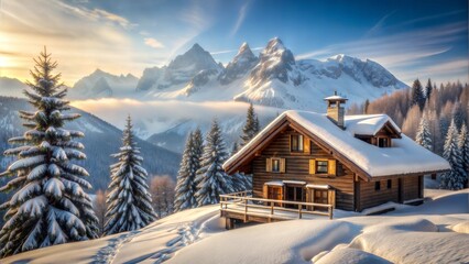 Charming wooden cabin in snowy winter landscape with mountains and fog at sunset