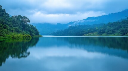 Tranquil Mountain Lake with Reflection of Trees and Clouds