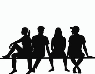 Silhouettes of four seated people on a bench, two women and two men, against a stark white background, capturing a moment of casual interaction.