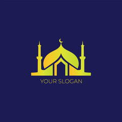 Professional Mosque Logo Design Stylized Minaret, Arches, and Crescent Moon on Evening Sky