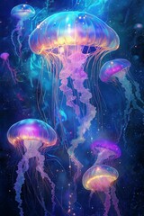Naklejka premium Colorful jellyfish gracefully floating in a cosmic underwater scene