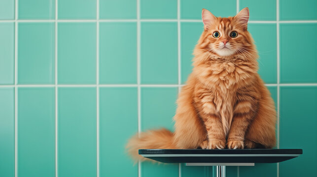 A fluffy orange cat sits on a scale against a turquoise tiled background.