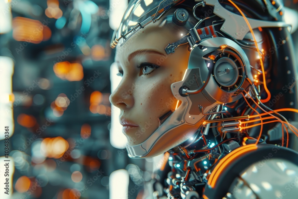 Poster the humanoid robot features detailed circuitry and glowing lights, highlighting advanced technology 