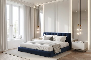 Obraz premium Modern Luxury Home Interior Bedroom Design with Mockup Frame , Wall Poster (3d Render)