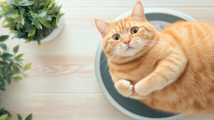 A fluffy orange cat looks up at the camera while standing on a scale.