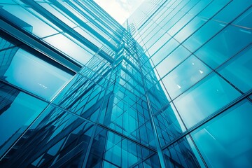 A striking glass skyscraper rises towards the sky, reflecting clouds above, demonstrating contemporary architecture in a busy urban environment during daylight.