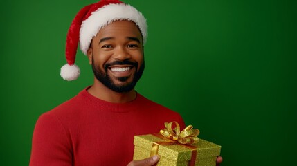 A man with a bright smile is dressed in a red sweater and a Santa hat, holding a glittering gold gift with a bow. The vibrant green backdrop enhances the festive spirit of the moment.