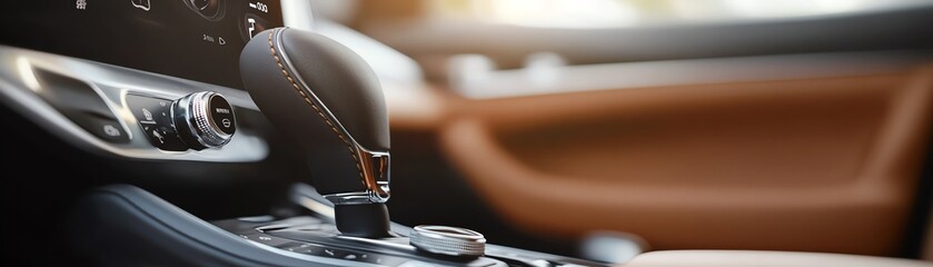 Close-up of a modern car interior, highlighting the gear shift and console with luxurious leather accents and sleek design.