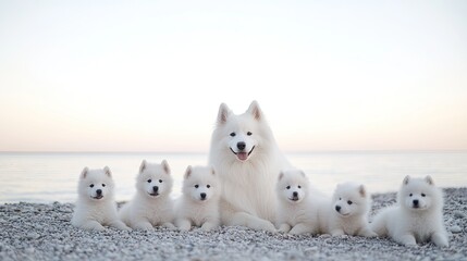 A joyful Samoyed stands on the soft sand with her three adorable puppies, enjoying the warm sunset glow and the sound of gentle ocean waves nearby