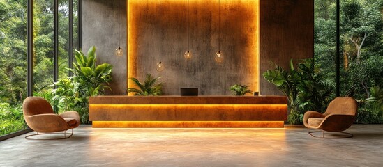 Modern Hotel Lobby with Warm Lighting and Tropical Views