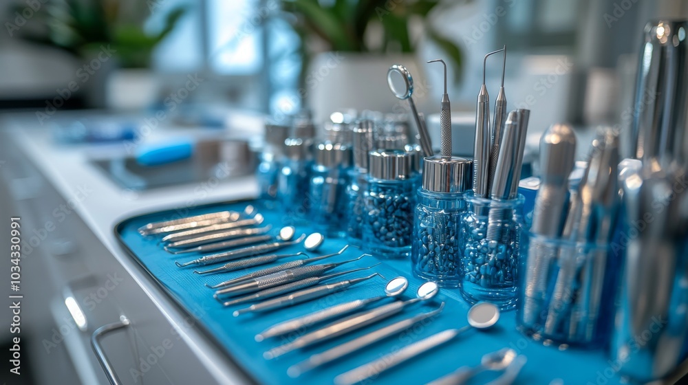 Aufkleber The dental tool tray is neatly arranged with an array of instruments in vibrant colors and glass containers, highlighting the meticulousness of the clinic's workspace.