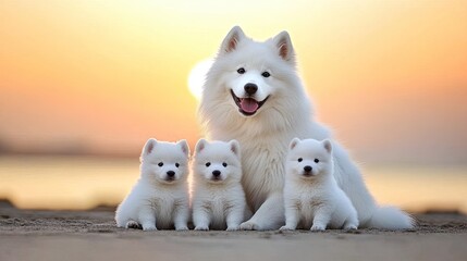 A joyful Samoyed stands on the soft sand with her three adorable puppies, enjoying the warm sunset glow and the sound of gentle ocean waves nearby.