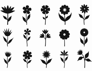 A set of sixteen black flower silhouettes on a white background, showcasing diverse floral designs in a vector style.